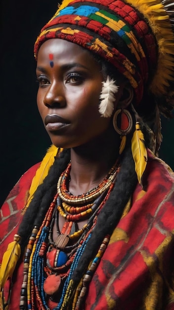 Ritratto in primo piano di una femmina sciamana africana della tribù indigena africana che indossa abiti tradizionali