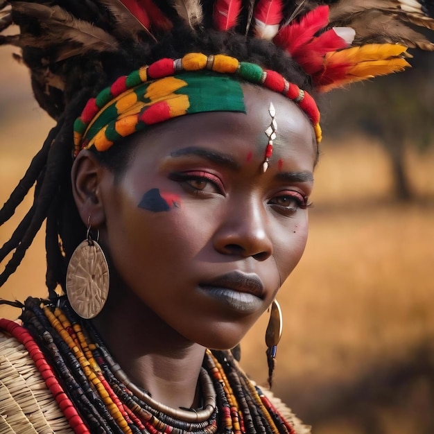 Ritratto in primo piano di una femmina sciamana africana della tribù indigena africana che indossa abiti tradizionali