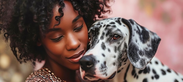 Ritratto in primo piano di una giovane donna afroamericana gioiosa che abbraccia il suo cane dalmata felice bella ragazza dalla pelle scura con un animale domestico devoto isolata su uno sfondo rosa