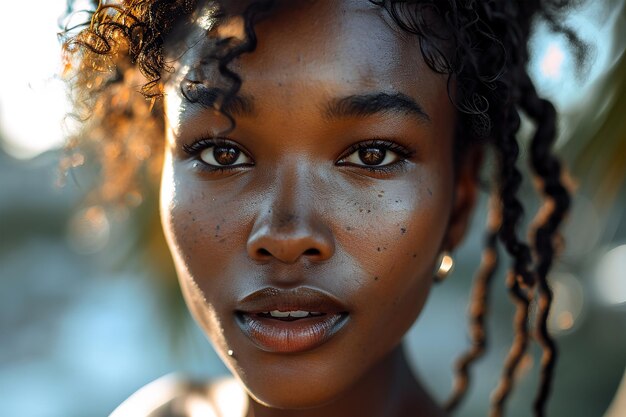 Ritratto in primo piano di una giovane donna con la pelle illuminata dal sole che mostra bellezza naturale e un'espressione serena