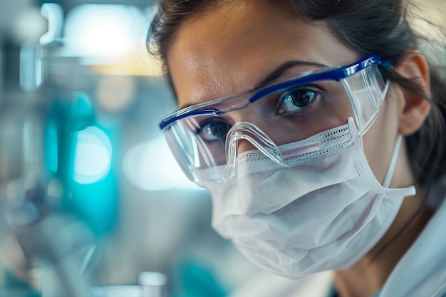 Ritratto in primo piano di una giovane donna in uniforme da laboratorio Bella scienziata che indossa una maschera e occhiali che lavora in un laboratorio scientifico per la ricerca sperimentale