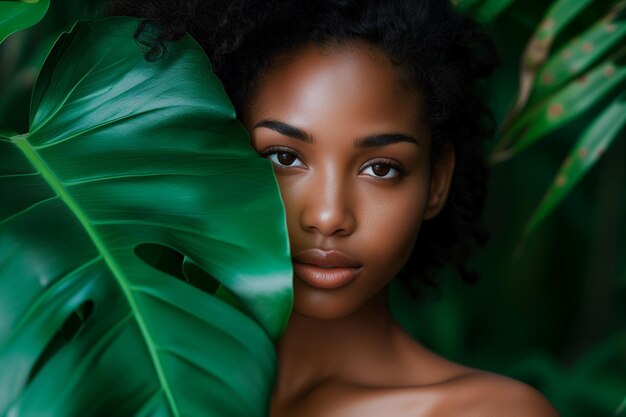 Ritratto in primo piano di una giovane donna serena con foglie tropicali verdi lussureggianti che coprono parzialmente la sua faccia