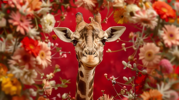 Ritratto in primo piano di una giraffa con uno sfondo floreale rosso La giraffa sta guardando la telecamera con il collo leggermente angolato