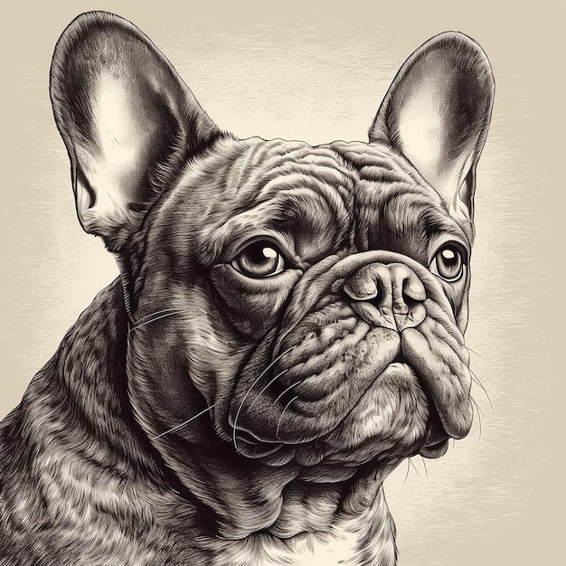 Ritratto in primo piano in stile incisione bulldog francese disegno in bianco e nero cane carino
