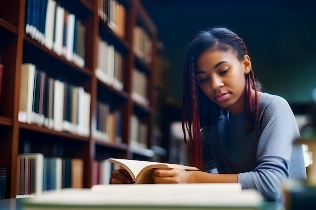 Ritratto in primo piano Una ragazza nera studia in biblioteca Leggendo un libro prendendo appunti Contenuti di intelligenza artificiale generativa