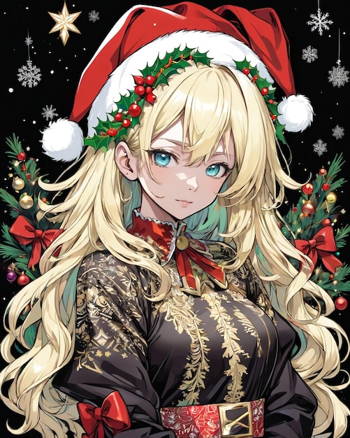 Ritratto in stile natalizio di una ragazza anime con sfondo nero in stile vaniglia
