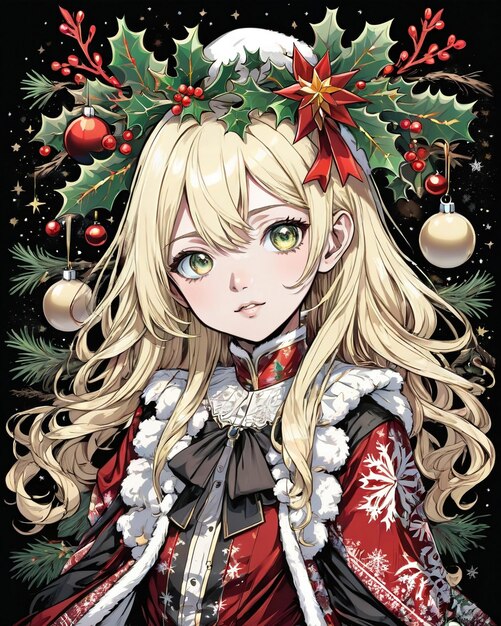 Ritratto in stile natalizio di una ragazza anime con sfondo nero in stile vaniglia