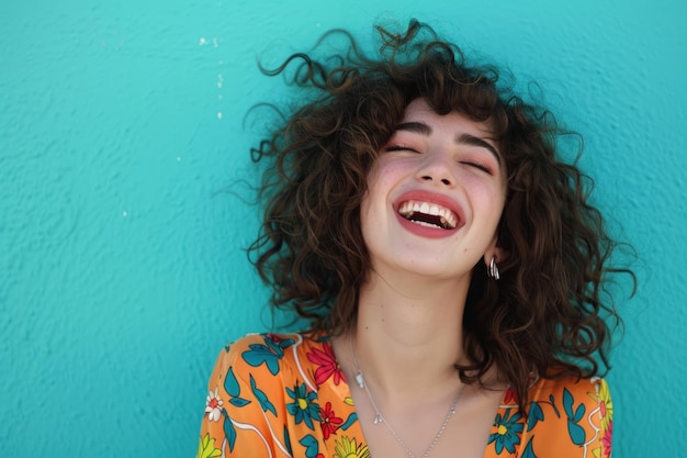 Ritratto in studio colorato di una giovane donna attraente che ride felice Audace vibrante e minimalista