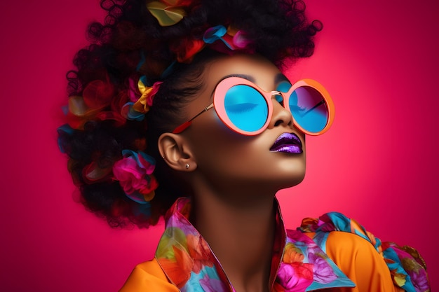 Ritratto in studio di alta moda di giovane donna afroamericana con occhiali da sole bellissimo trucco brigantino
