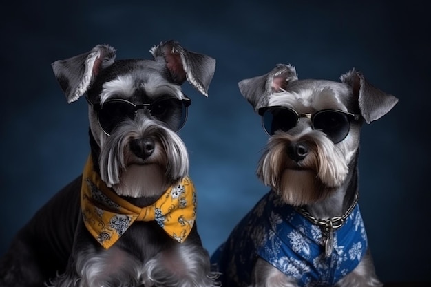 Ritratto in studio di cani schnauzer alla moda vestiti con una camicia blu e occhiali da sole
