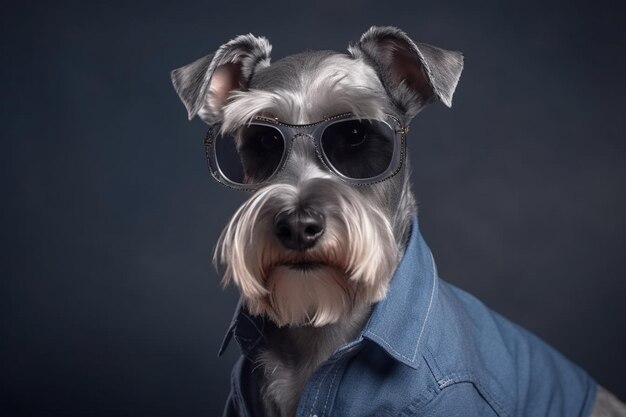 Ritratto in studio di cani schnauzer alla moda vestiti con una camicia blu e occhiali da sole