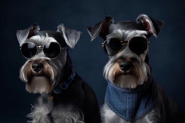 Ritratto in studio di cani schnauzer alla moda vestiti con una camicia blu e occhiali da sole