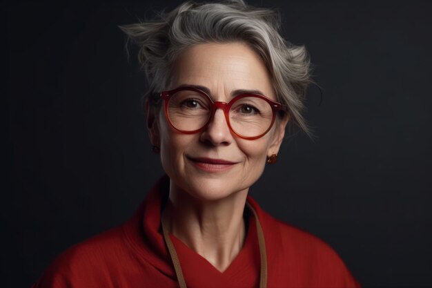 Ritratto in studio di donna matura sorridente che indossa occhiali eleganti rossi che distoglie lo sguardo isolato sul concetto di pubblicità dello spazio della copia di sfondo