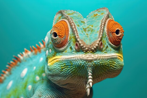 Ritratto in studio di un camaleonte su uno sfondo verde