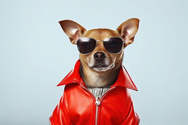 Ritratto in studio di un cane con occhiali da sole su una giacca di pelle rossa