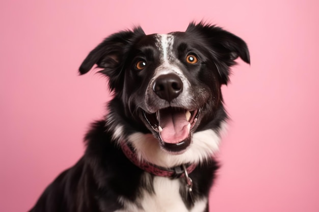 Ritratto in studio di un cane da salvataggio di razza mista bianco e nero sorridente seduto e sorridente su uno sfondo rosa