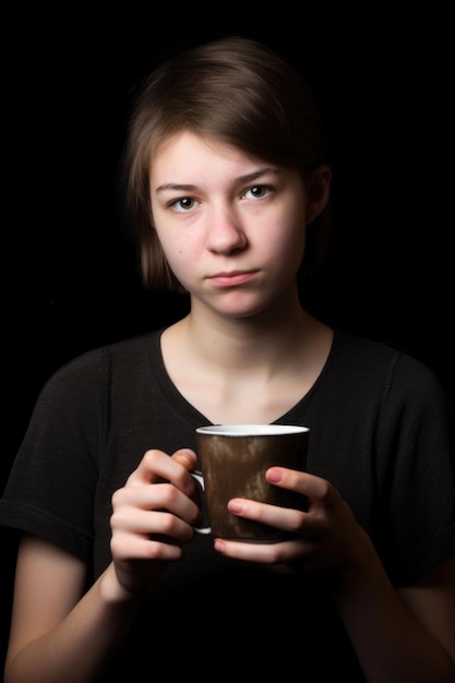 Ritratto in studio di una giovane adolescente che tiene in mano la sua tazza di caffè vuota creata con l'IA generativa