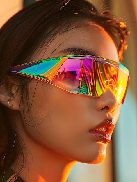 Ritratto in studio di una giovane donna con occhiali futuristici