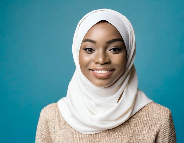 Ritratto in studio di una giovane donna felice e sorridente africana che indossa un hijab bianco