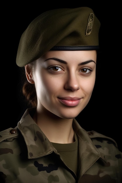 Ritratto in studio di una giovane soldata sorridente in uniforme militare su uno sfondo semplice