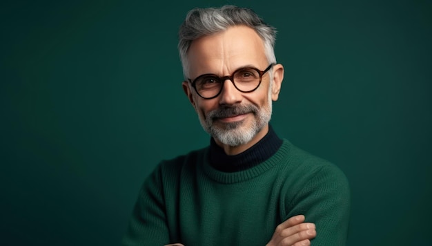 Ritratto in studio di uomo anziano con espressione faccia felice uomo sorridente allegro che indossa maglione a collo alto e orologio da polso guardando la fotocamera in piedi con le braccia piegate isolato su solido sfondo verde