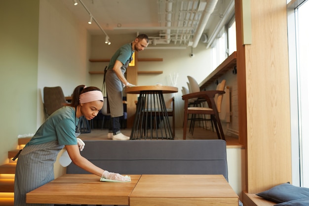 Ritratto in vista laterale di due giovani camerieri che puliscono i tavoli nella caffetteria con caldi accenti di legno, spazio per le copie