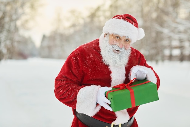 Ritratto in vita del tradizionale Babbo Natale che tiene in mano una confezione regalo e guarda la fotocamera maliziosamente dentro