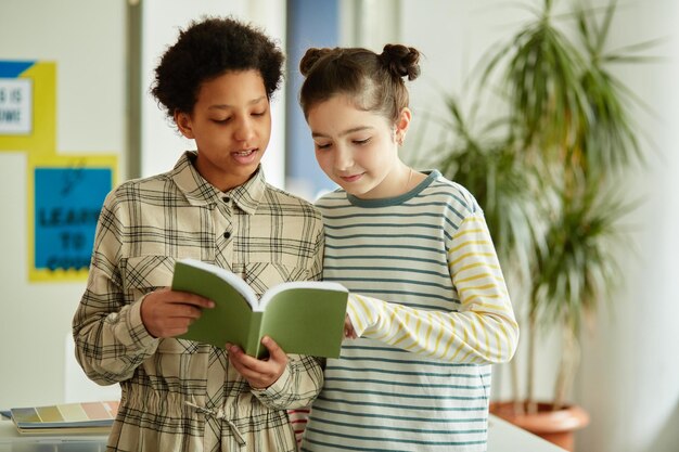 Ritratto in vita di due ragazze che rispondono alle domande a scuola davanti all'aula e tengono il libro