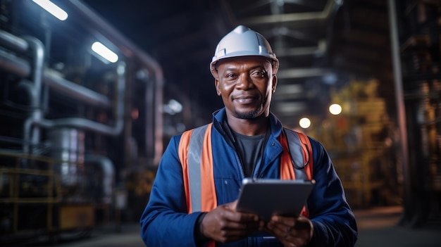 Ritratto industriale di un ingegnere africano che tiene in mano un tablet sullo sfondo blu della sala di controllo della centrale elettrica