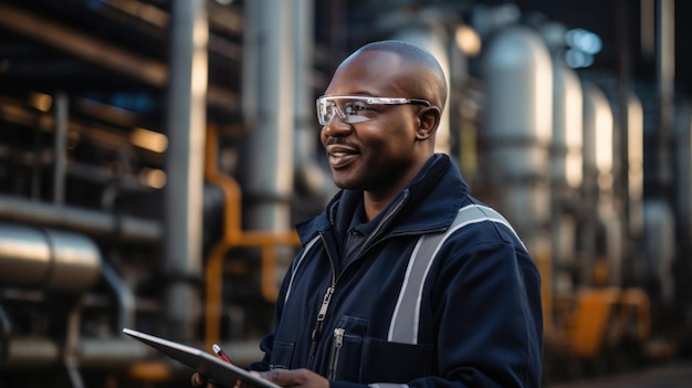 Ritratto industriale di un ingegnere africano che tiene in mano un tablet sullo sfondo blu della sala di controllo della centrale elettrica