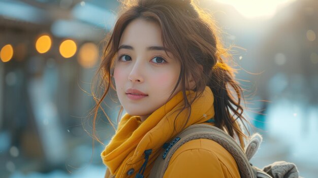 Ritratto invernale di una giovane donna con una sciarpa gialla