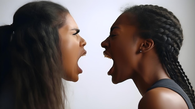 Ritratto laterale di due femmine nere che gridano ad alta voce l'una all'altra su uno sfondo bianco