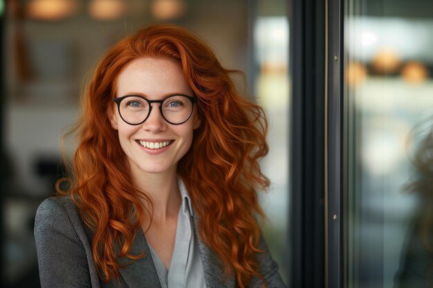 Ritratto luminoso e invitante di una donna dai capelli rossi con gli occhiali che sorride con fiducia in una professione