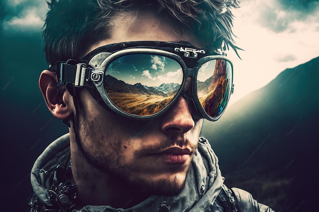 Ritratto maschile che indossa occhiali da sole con meraviglioso riflesso del cielo e della montagna