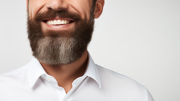 ritratto maschio maturo bocca bella barba e sorridente indossando tuta su sfondo bianco isolato