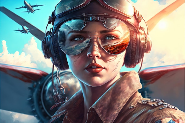 Ritratto meraviglioso del primo piano del pilota femminile con gli occhiali da sole riflettenti contro il cielo