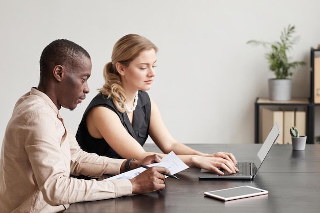 Ritratto minimo con vista laterale di due partner commerciali che utilizzano il laptop mentre discutono del progetto alla scrivania in...