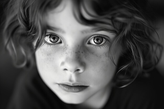 Ritratto monocromatico di un bambino con occhi espressivi e capelli ricci che trasmettono innocenza ed emozione