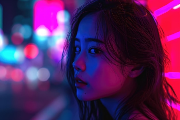 Ritratto notturno cinematografico di una ragazza e luci al neon Ritratto notturno cinematografico di una ragazza e luci al neon