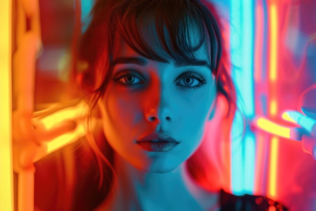 Ritratto notturno cinematografico di una ragazza e luci al neon Ritratto notturno cinematografico di una ragazza e luci al neon