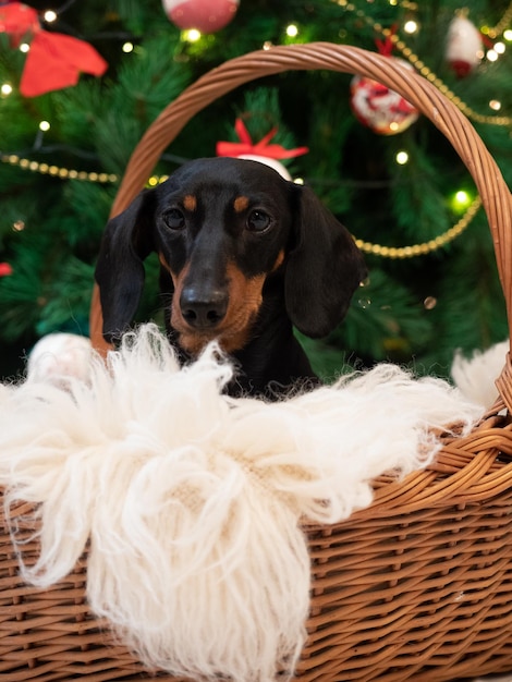 Ritratto piccolo cane bassotto nel cesto su sfondo su sfondo albero di Natale