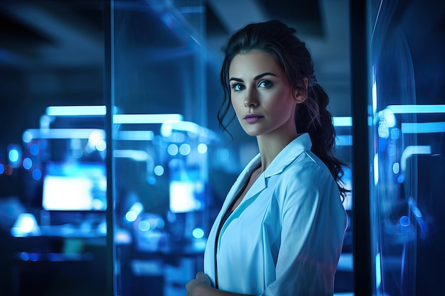 Ritratto piuttosto giovane donna medico o scienziato che indossa camice bianco e in piedi in laboratorio