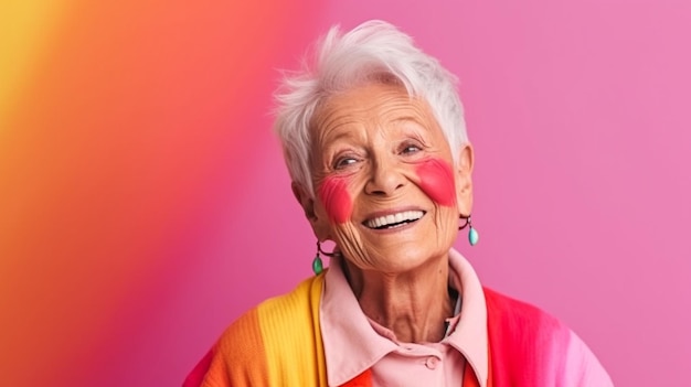 Ritratto positivo di una donna anziana che disegna un arcobaleno sul viso e distoglie lo sguardo su uno sfondo rosa The Generative AI