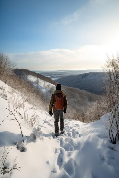 Ritratto posteriore di un giovane che sale una montagna in inverno creato con l'AI generativa