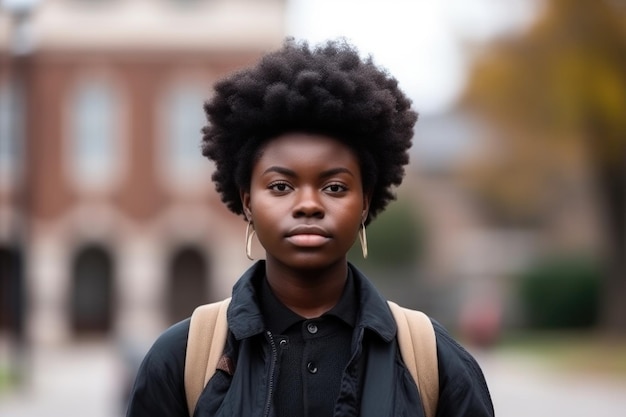 Ritratto premium e modello di studente nero in un campus universitario con afro creato con intelligenza artificiale generativa