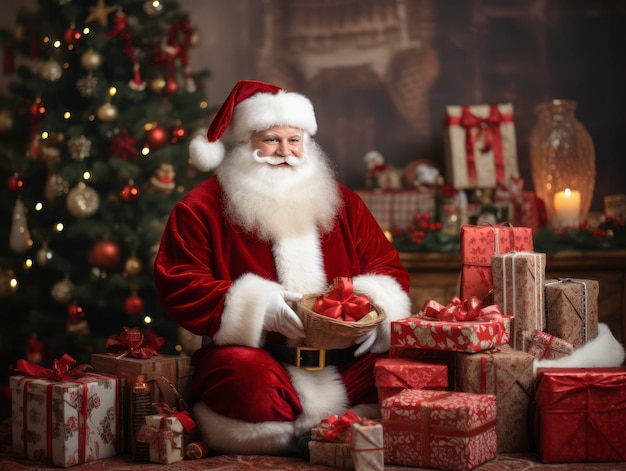 Ritratto professionale in studio di Babbo Natale con regali per l'albero di Natale e belle decorazioni