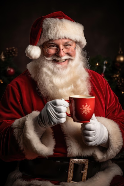 Ritratto pubblicitario di Babbo Natale amichevole che guarda e sorride alla macchina fotografica nella produzione in studio