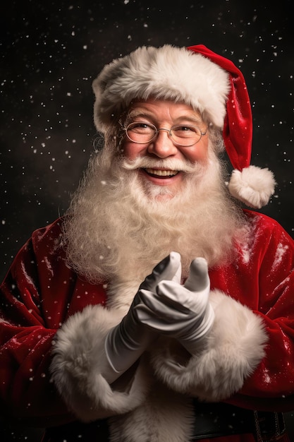 Ritratto pubblicitario di Babbo Natale amichevole che guarda e sorride alla macchina fotografica nella produzione in studio