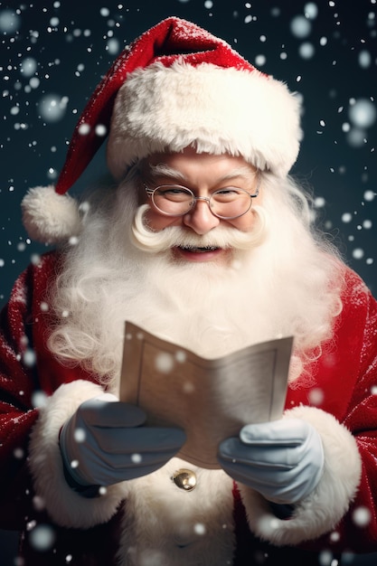 Ritratto pubblicitario di un simpatico Babbo Natale che tiene in mano una lettera guardando la telecamera con uno sfondo bellissimo
