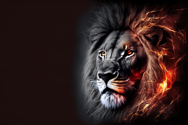 Ritratto raffigurante il Re Leone in fiamme su sfondo nero arte digitale